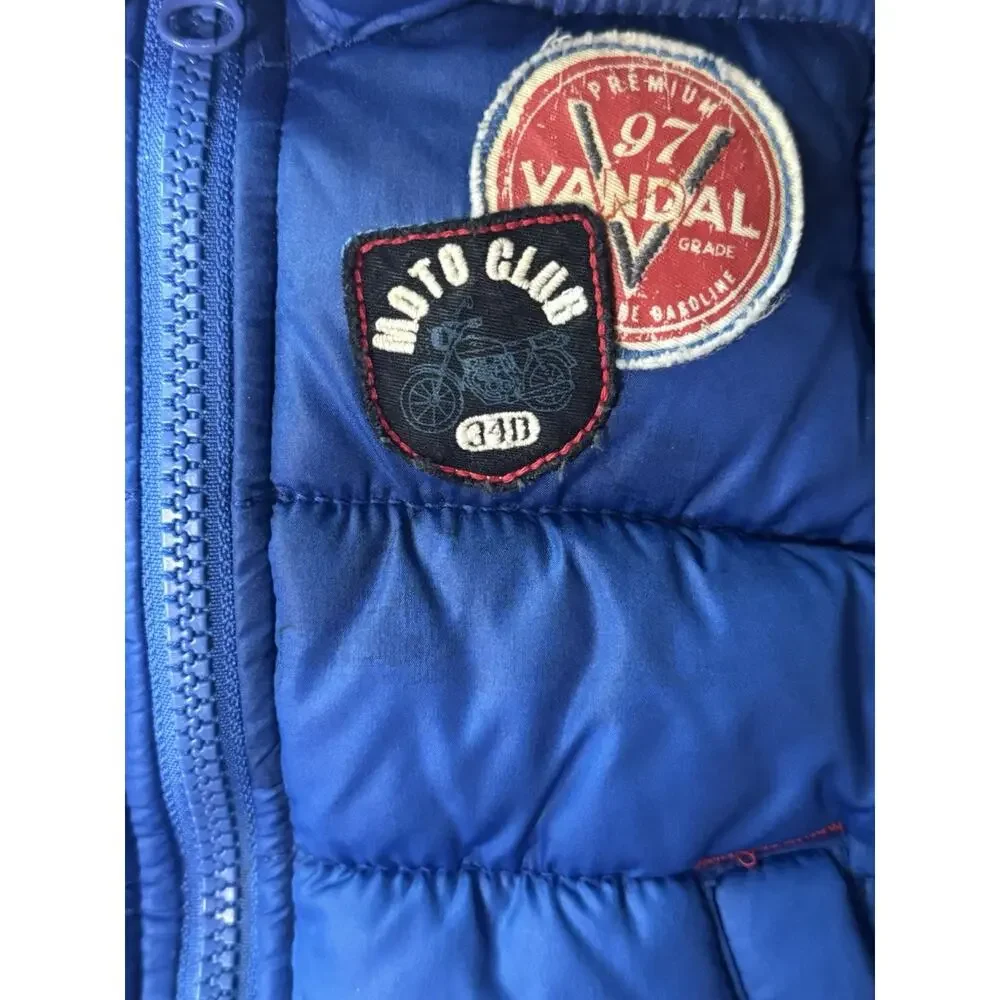 Y2K Old Navy Baby 12-18M Blue Puffer Vest Fur Trim Hood Moto Patch Winter Coat